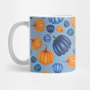 Pretty Orange & Blue Pumpkin Pattern on a Blue Background Mug